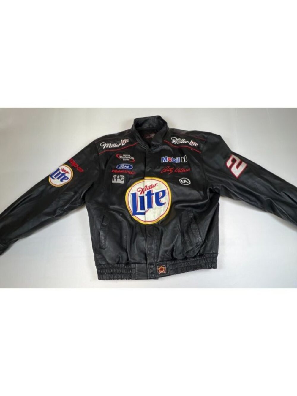 Vintage JH Design Men XL Miller Lite Racing Jacket Black Leather Rusty Wallace 2